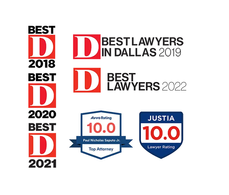 graphic featuring multiple Dallas Magazine Best Lawyer Awards from various years and an Avvo Top Attorney 10.0 award and a Justia 10.0 Lawyer Rating award