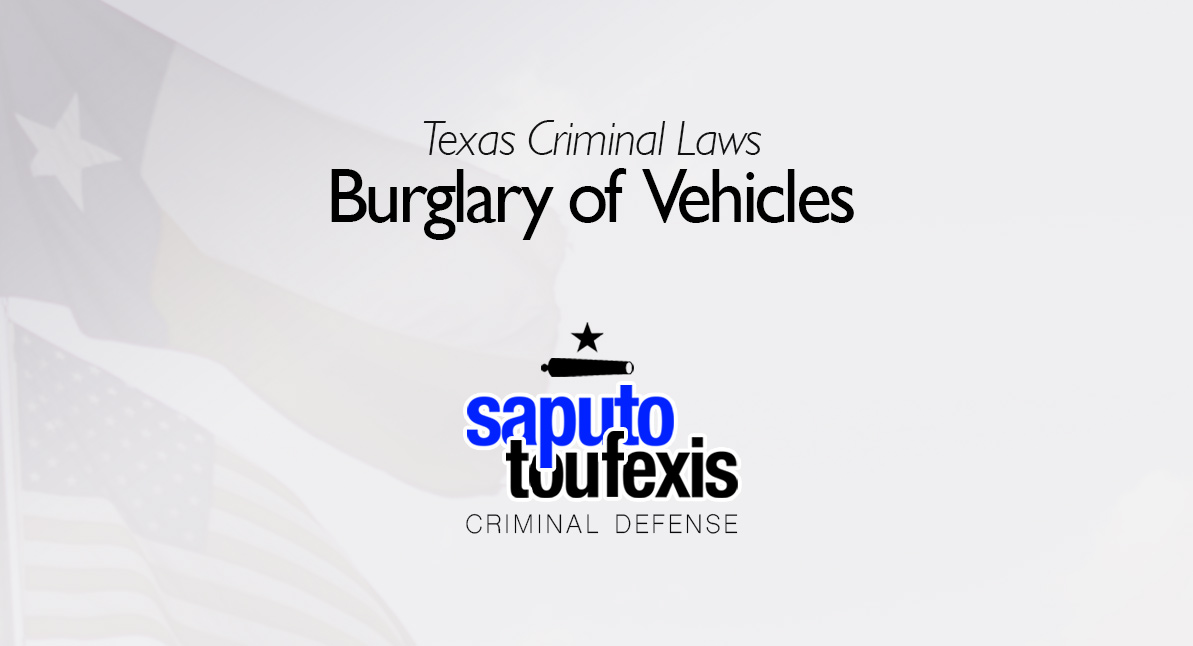 Burglary of Vehicles text over Texas and American flags