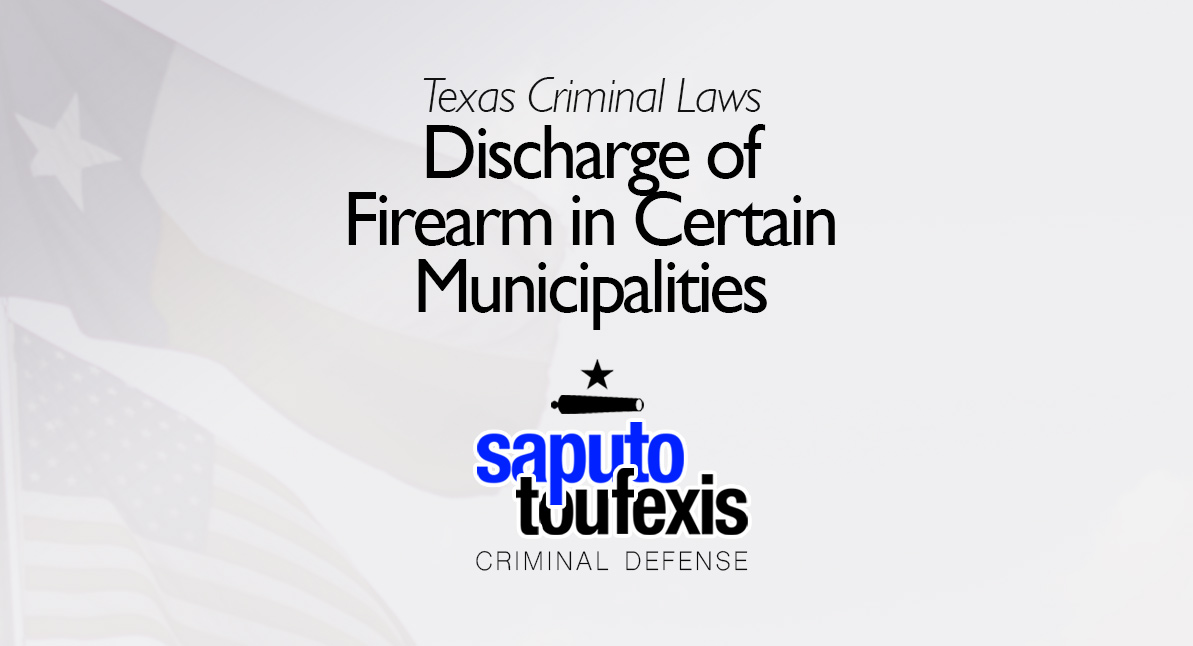 Texas Discharge of Firearm Law text over American and Texas flags