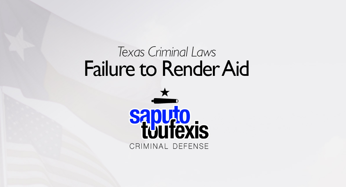 Failure to Stop and Render Aid Law text over Texas and US flags