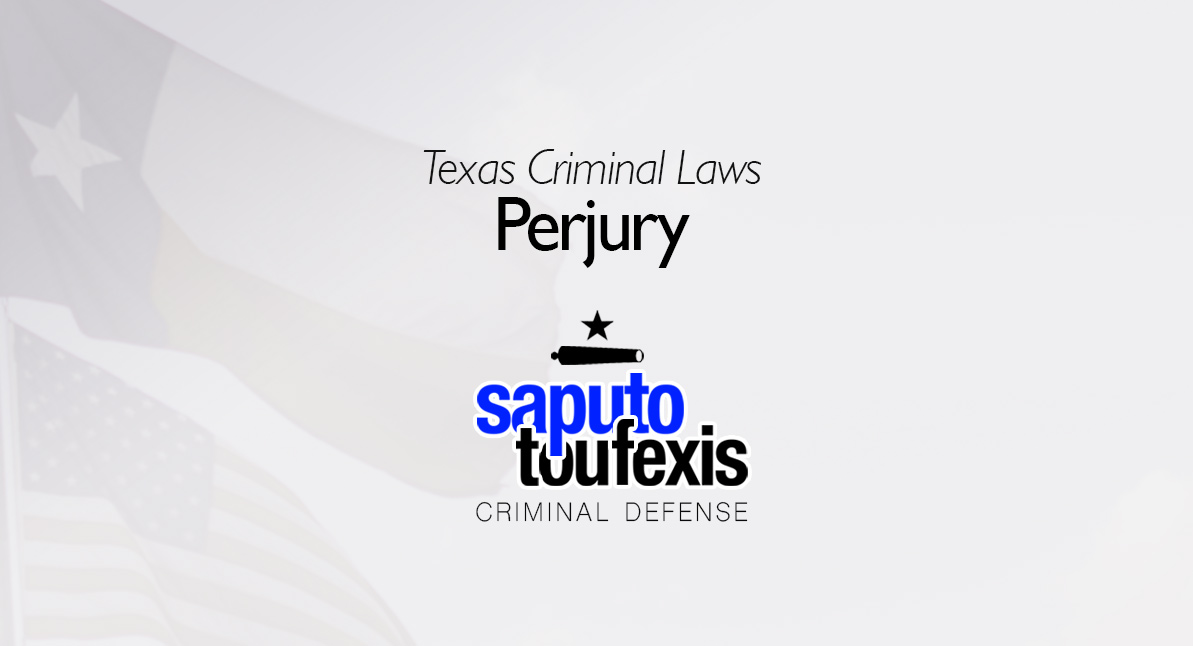Graphic featuring the Perjury law over Texas and American flags