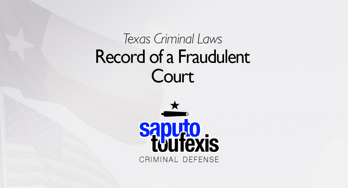 Record of a Fraudulent Court text over Texas and US flags