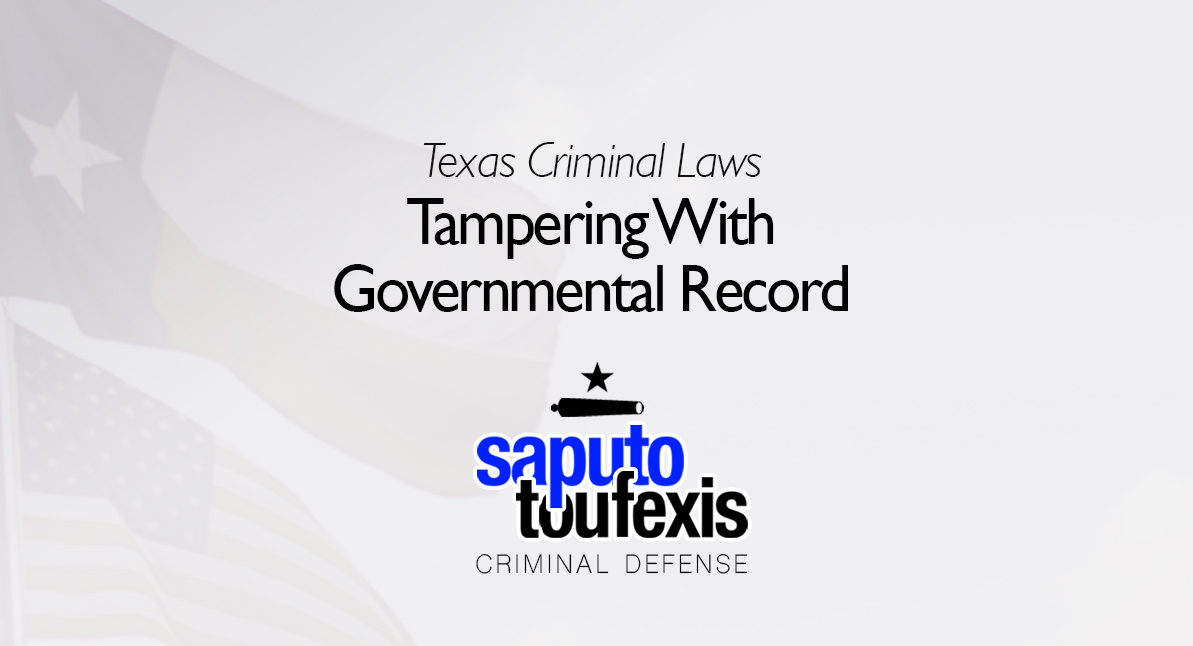 Tampering With Governmental Record text over Texas and American flags