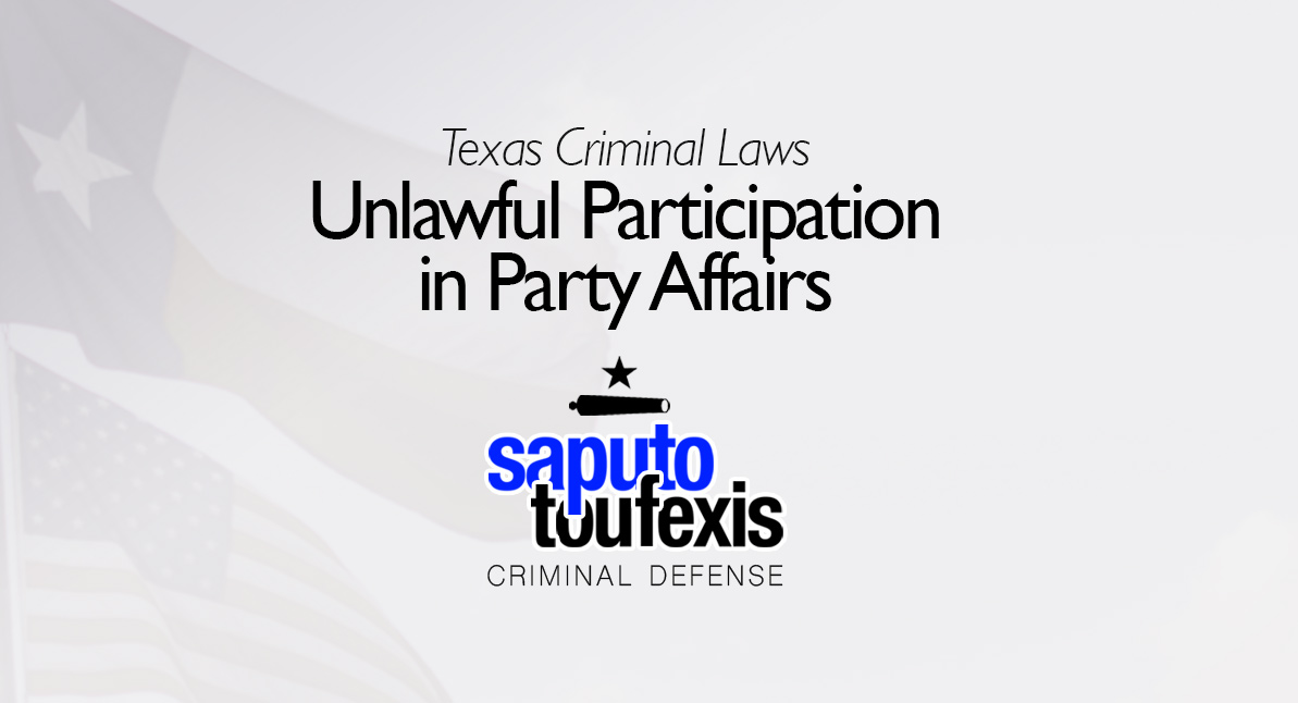 Unlawful Participation in Party Affairs: Texas Election Code §162.014 text over Texas and American flags