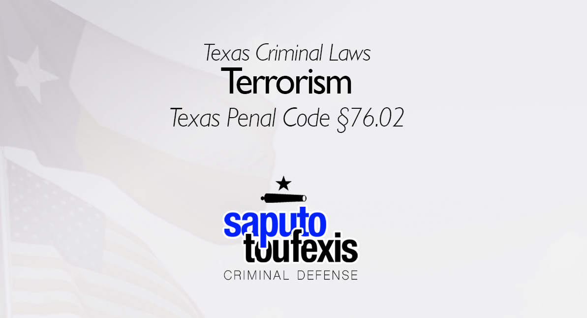 Texas Terrorism Law text over Texas and American flags