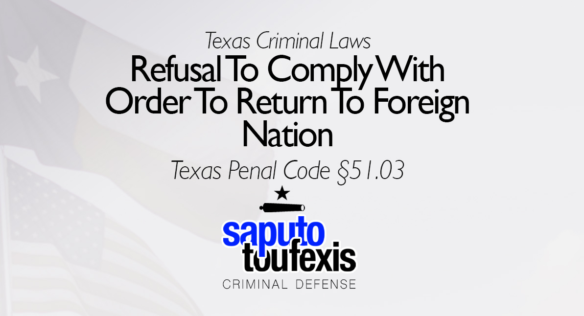 Refusal To Comply With Order To Return To Foreign Nation text over Texas and American flags with Saputo Toufexis logo