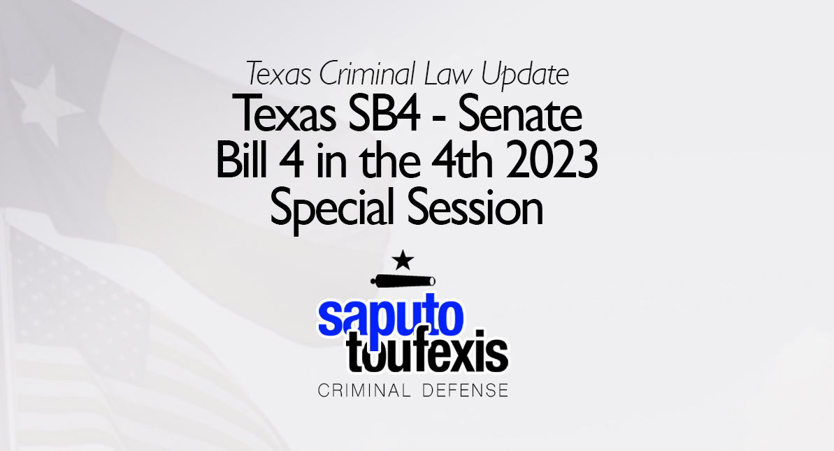 Texas SB4 - Senate Bill 4 - text over Texas and American flags with logo