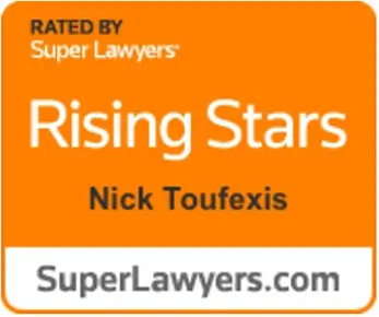 Super Lawyers Rising Stars badge in orange for Nick Toufexis