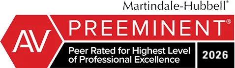 Martindale-Hubbell AV Preeminent Rating badge featuring AV logo on left and the Martindale logo on top with 2026 stamp